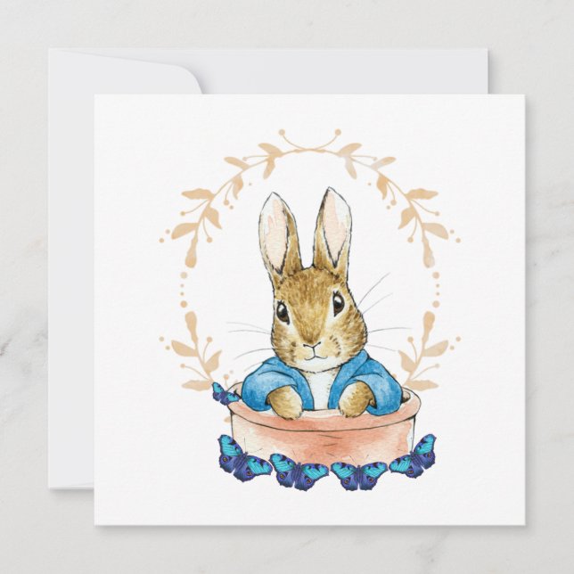 Peter the Rabbit in Pot with Blue Butterflies    Card (Front)