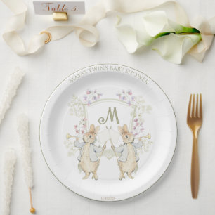 Peter the Rabbit Monogram Gender Twins Baby Shower Paper Plate