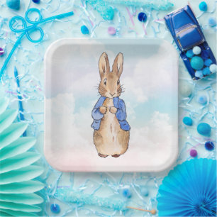 Peter the rabbit pastel blue and pink clouds paper plate