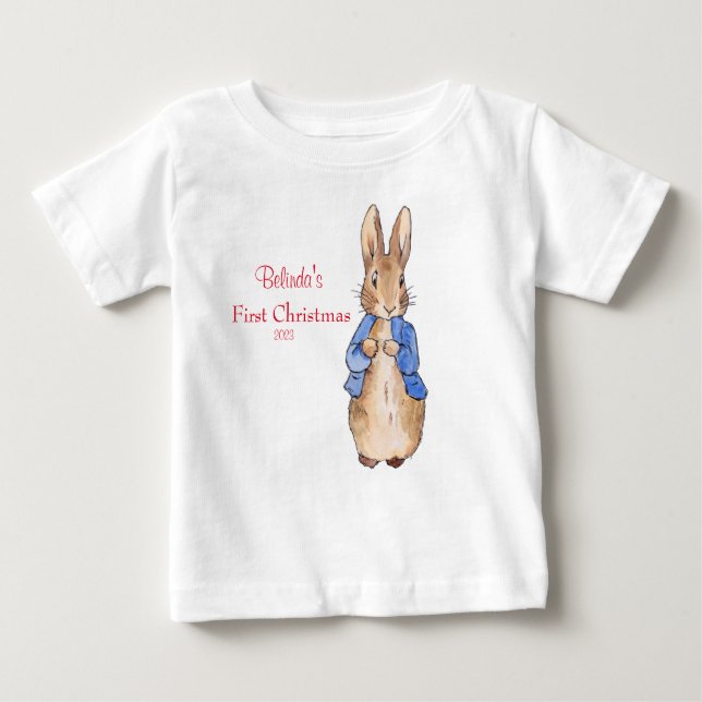 Peter the Rabbit Personalise First Christmas Baby T-Shirt (Front)