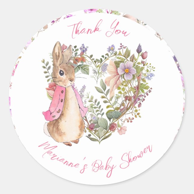 Peter the Rabbit Pink Floral Girl Baby Shower Classic Round Sticker (Front)