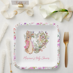 Peter the Rabbit Pink Floral Girl Baby Shower Paper Plate