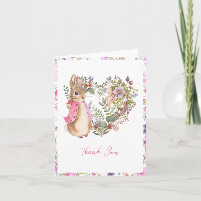 Peter the Rabbit Pink Floral Girl Baby Shower Thank You Card (Front)