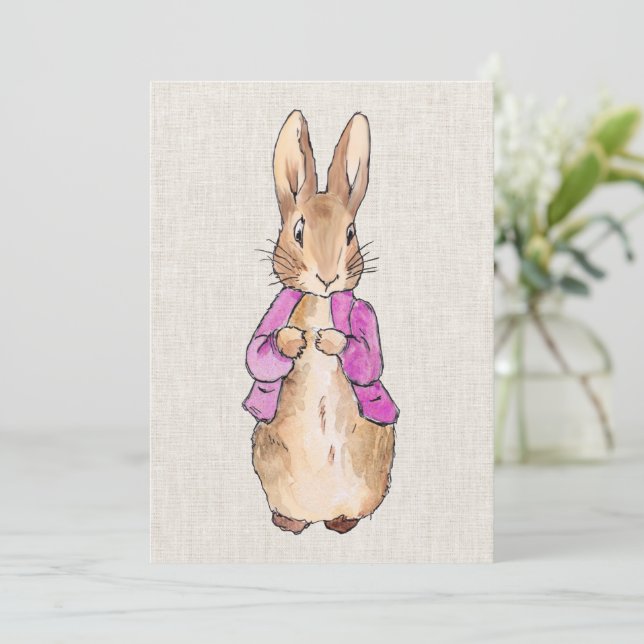 Peter the Rabbit pink jacket beige linen texture Invitation (Standing Front)