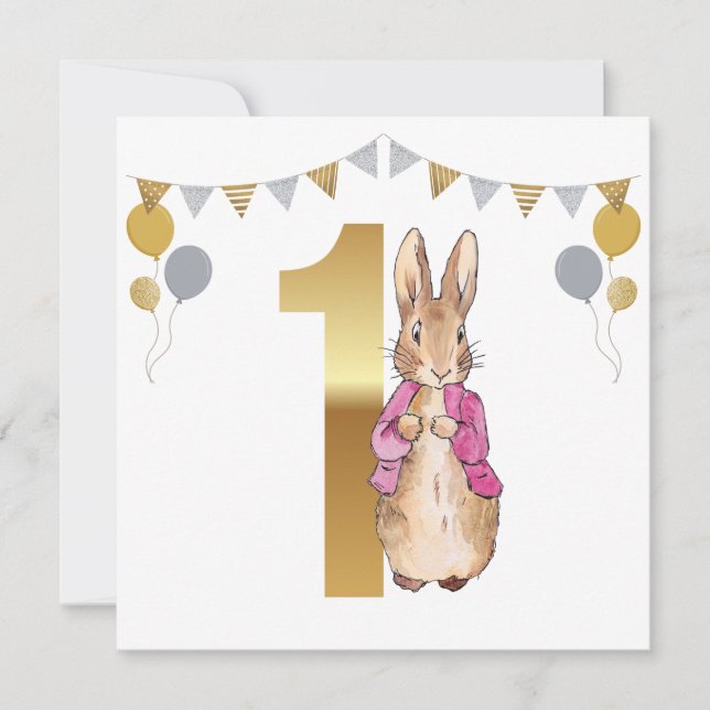 Peter the Rabbit Pink Jacket First Birthday Invitation (Front)