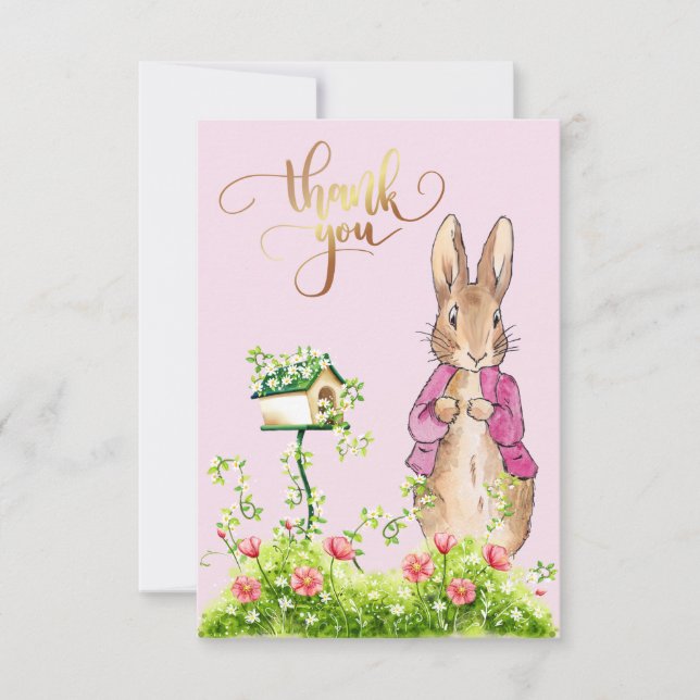 Peter the Rabbit Pink jacket Floral Frame    Thank You Card (Front)