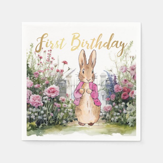 Peter the Rabbit Pink Jacket in his garden  Napkin (Front)