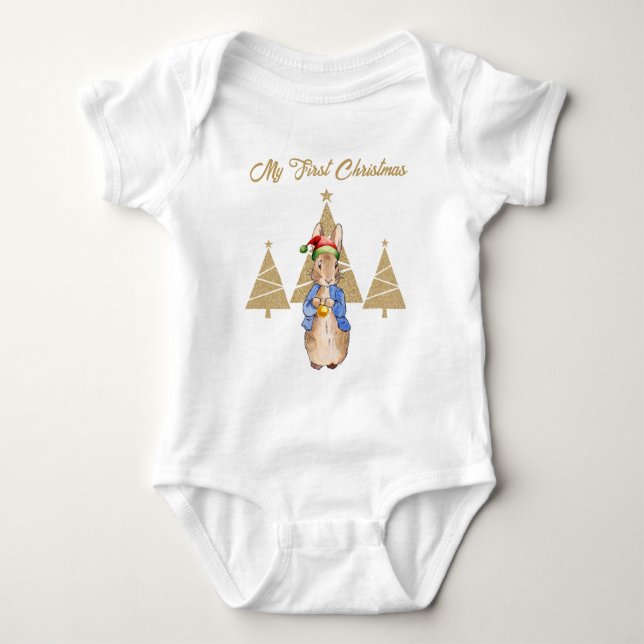 Peter the rabbit Santa Hat First Christmas tree  Baby Bodysuit (Front)