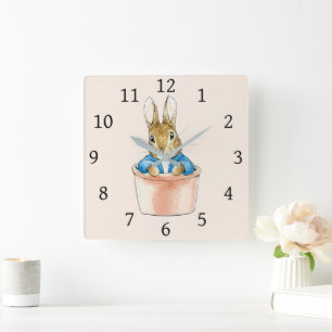 Peter the Rabbit Sitting in Plant Pot Square Wall Clock