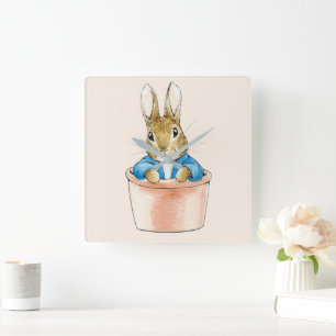 Peter the Rabbit Sitting in Plant Pot Square Wall Clock