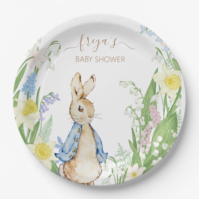 Peter the Rabbit Spring Blooms Blue Baby Shower Paper Plate (Front)