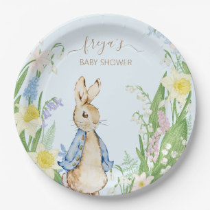 Peter the Rabbit Spring Blooms Blue Baby Shower Paper Plate