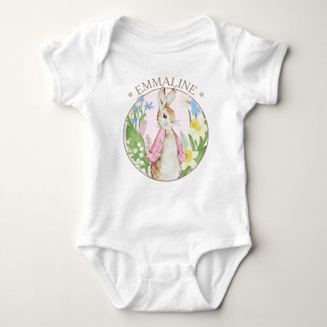 Peter the Rabbit Spring Blooms Pink Baby Shower Baby Bodysuit (Front)
