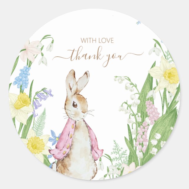Peter the Rabbit Spring Blooms Pink Baby Shower Classic Round Sticker (Front)