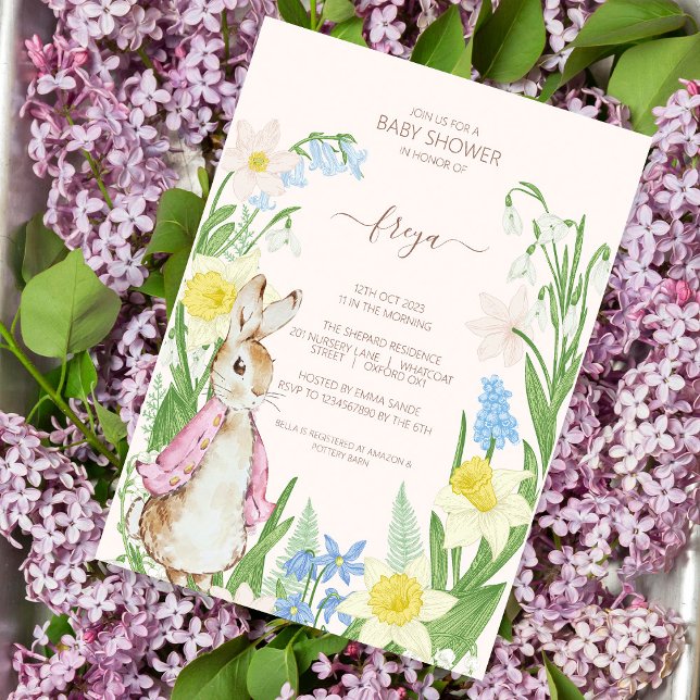 Peter the Rabbit Spring Blooms Pink Baby Shower Invitation (Creator Uploaded)