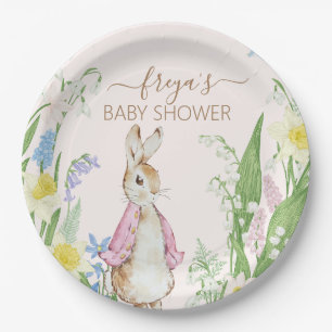 Peter the Rabbit Spring Blooms Pink Baby Shower Paper Plate