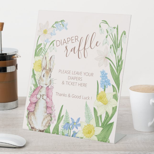 Peter the Rabbit Spring Blooms Pink Baby Shower Pedestal Sign (In SItu)