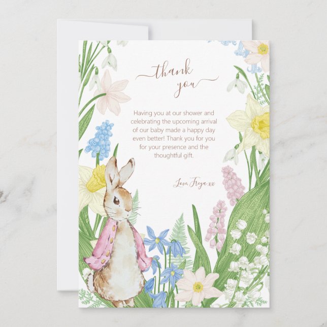 Peter the Rabbit Spring Blooms Pink Baby Shower Thank You Card (Front)