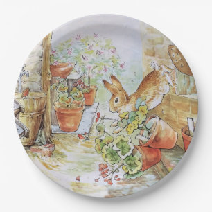 Peter the rabbit tumbling in garden shed 	 paper plate