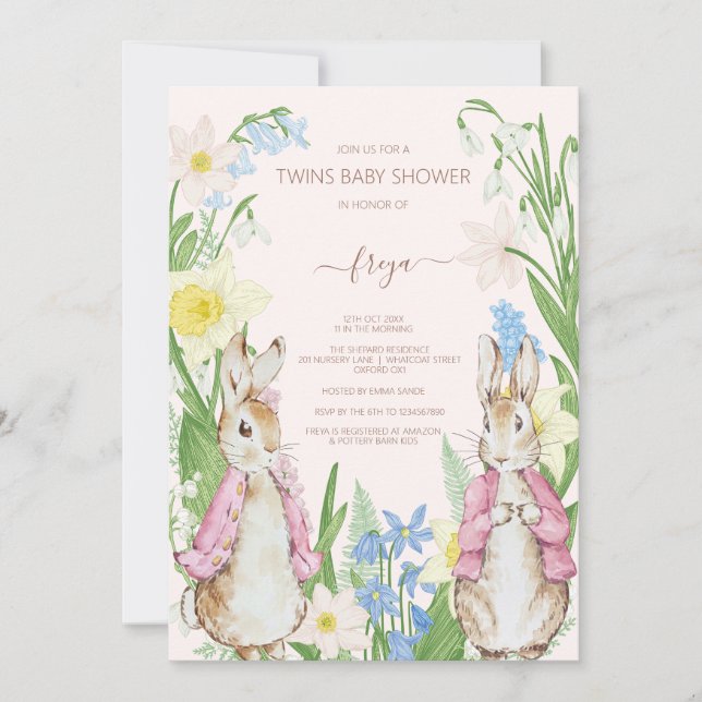 Peter the Rabbit Twins Blooms Pink Baby Shower Invitation (Front)