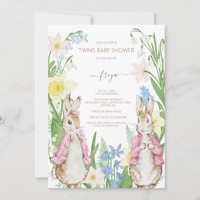 Peter the Rabbit Twins Blooms Pink Baby Shower Invitation (Front)