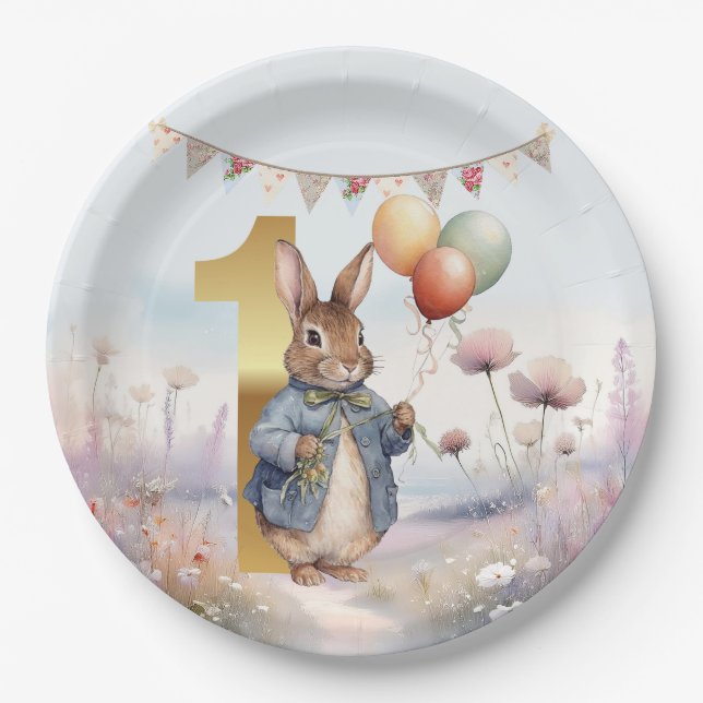 Peter the rabbit with balloons First birthday Paper Plate (Front)