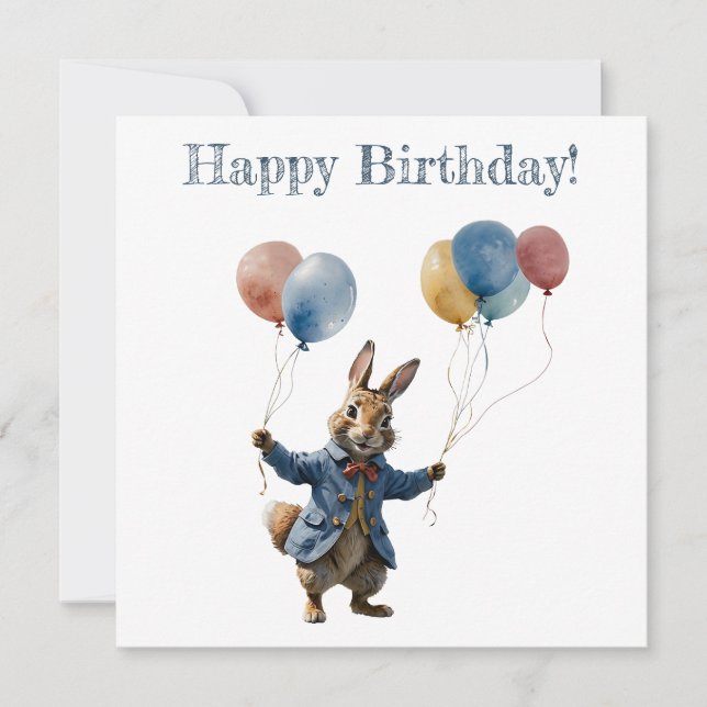 Peter the rabbit with balloons Happy Birthday Card (Front)