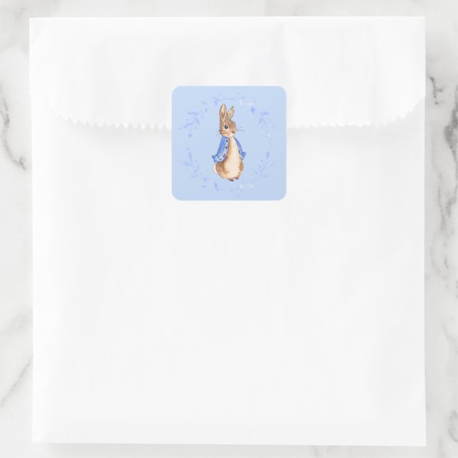 Peter the Rabbit with Blue Leafy Wreath   Square Sticker (Bag)