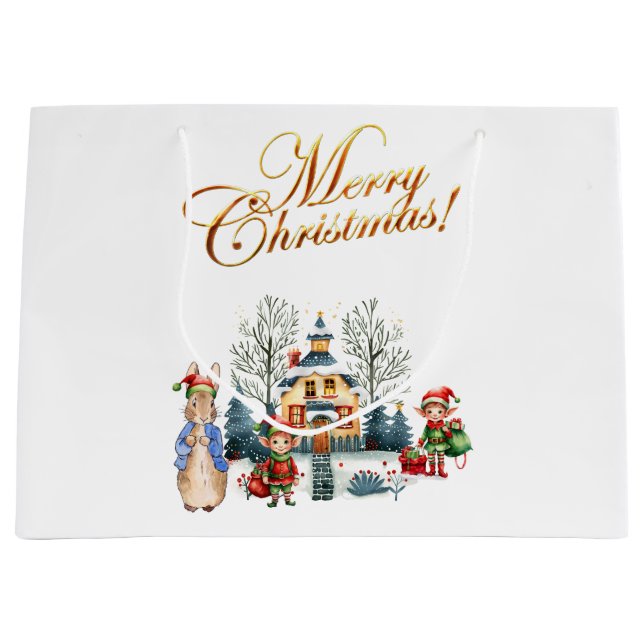 Peter the Rabbit with Christmas Elves Large Gift Bag (Front)