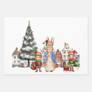 Peter the Rabbit with Christmas Elves Wrapping Paper Sheet