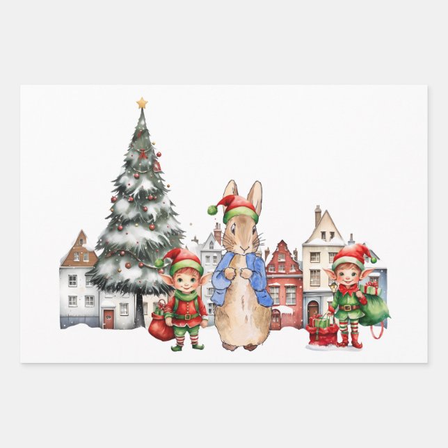 Peter the Rabbit with Christmas Elves Wrapping Paper Sheet (Front)