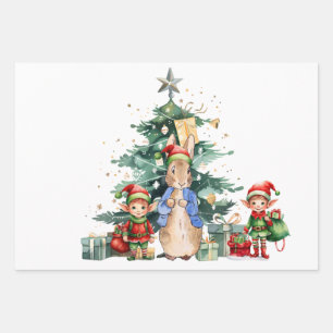 Peter the Rabbit with Christmas Elves Wrapping Paper Sheet