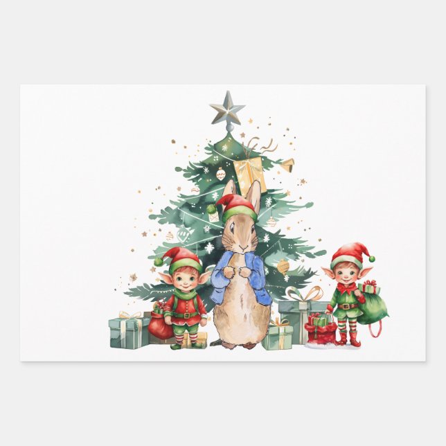 Peter the Rabbit with Christmas Elves Wrapping Paper Sheet (Front)