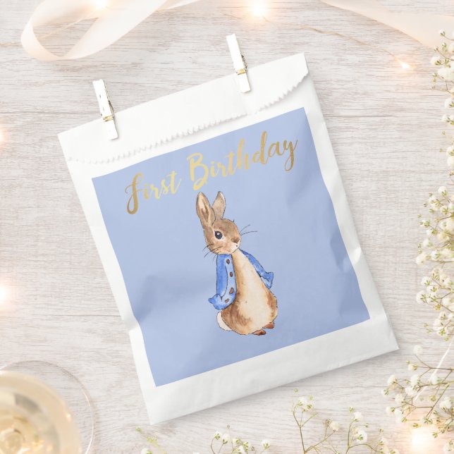 Peter the Rabbit with Gold First Birthday Text Favour Bag (Clipped)