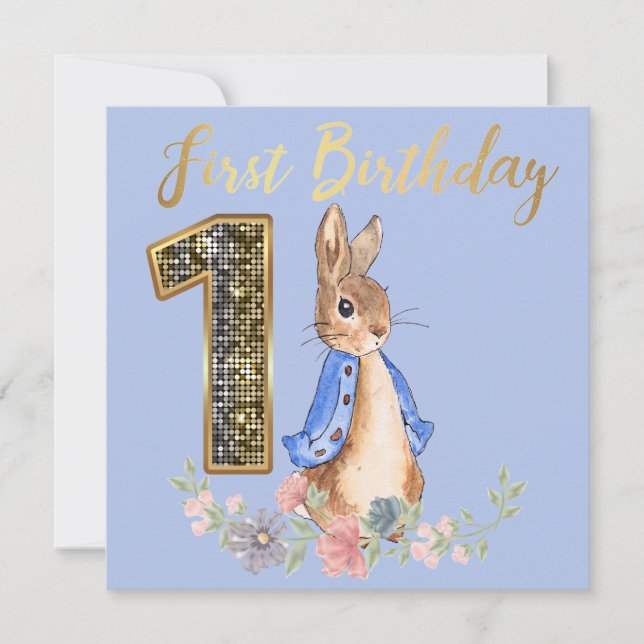 Peter the Rabbit with Gold First Birthday Text Invitation (Front)