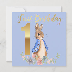 Peter the Rabbit with Gold First Birthday Text Invitation