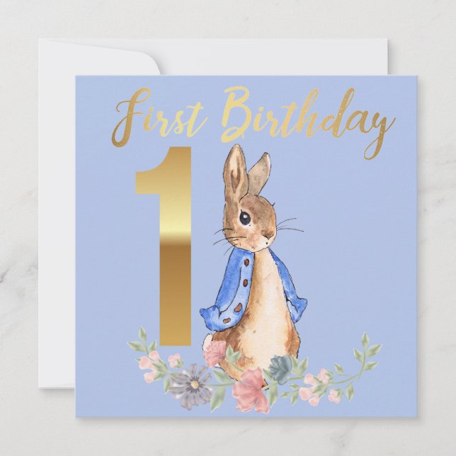 Peter the Rabbit with Gold First Birthday Text Invitation (Front)