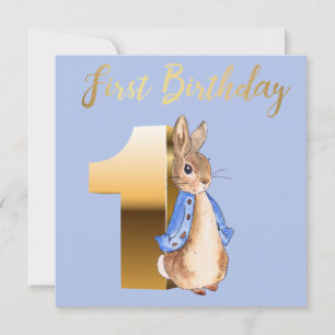 Peter the Rabbit with Gold First Birthday Text Invitation