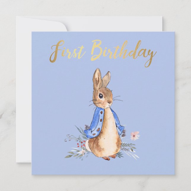 Peter the Rabbit with Gold First Birthday Text Invitation (Front)
