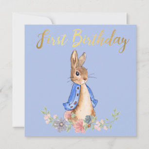 Peter the Rabbit with Gold First Birthday Text Invitation
