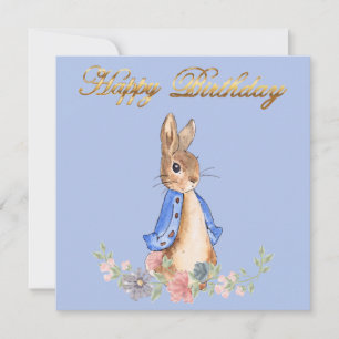 Peter the Rabbit with Gold Happy Birthday Text