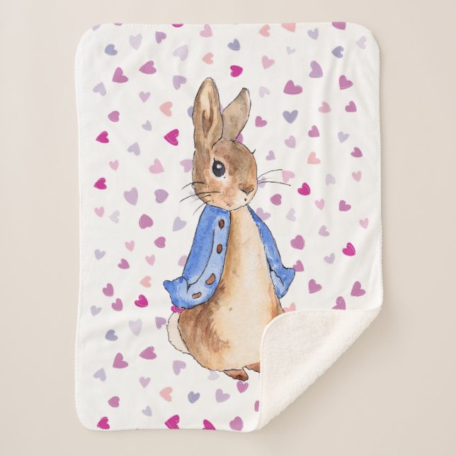 Peter the rabbit with heart pattern sherpa blanket (Front)