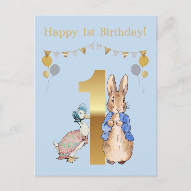 Peter the Rabbit with Jemima First Birthday Postcard (Front)