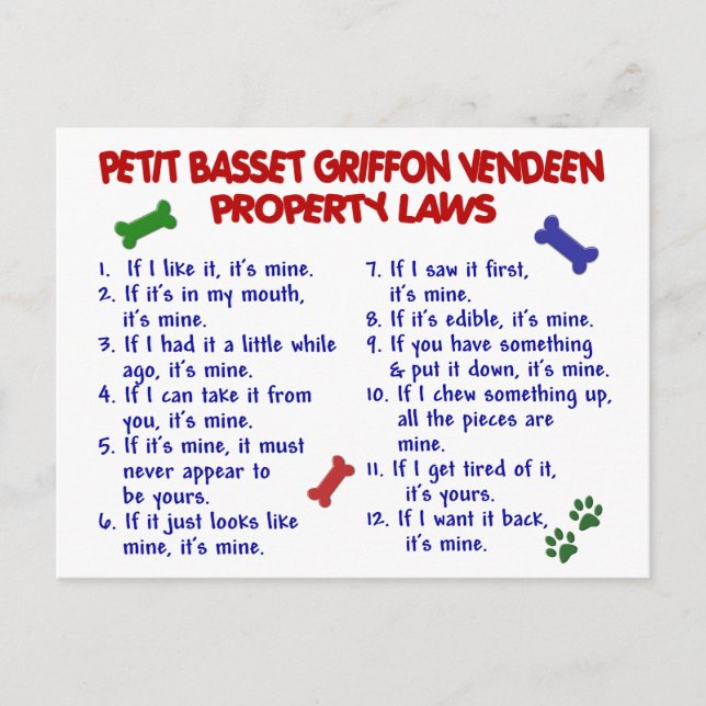 PETIT BASSET GRIFFON VENDEEN Property Laws 2 Postcard (Front)