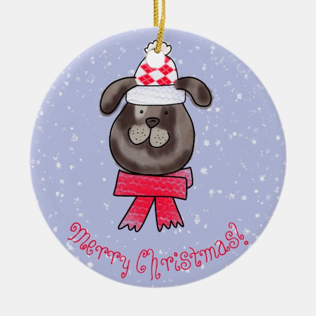 Petit chien de Noël avec une écharpe tricotée Ceramic Ornament (Front)