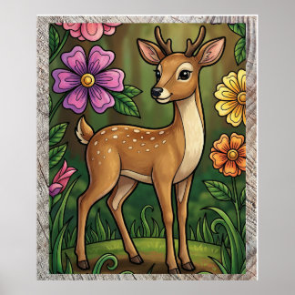 Petit Faon Mignon dans un Jardin de Fleurs Colorée Poster