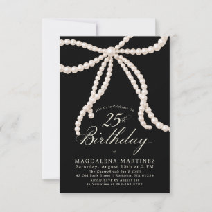 PETITE 25th Birthday Black White Pearl Bow Invitation