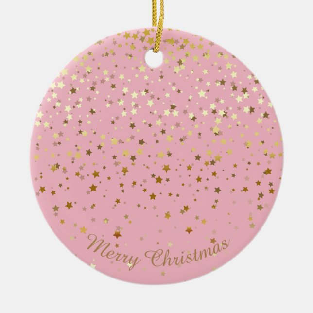 Petite Golden Stars Christmas Ornament-Pink Ceramic Ornament (Front)