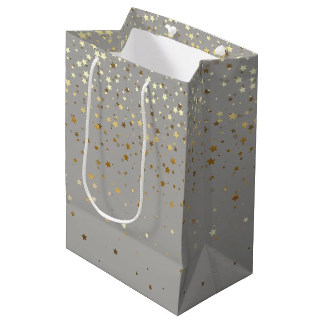 Petite Golden Stars Gift Bag in Grey (Front Angled)