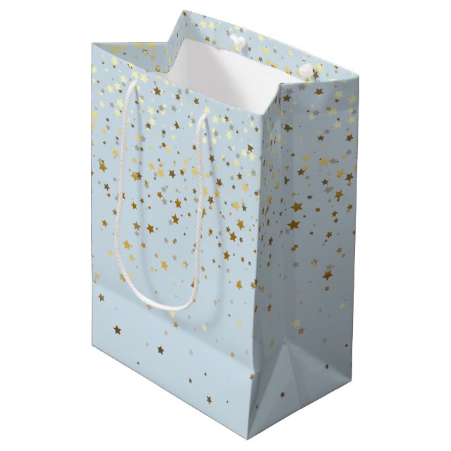 Petite Golden Stars Gift Bag in Pastel Blue (Front Angled)